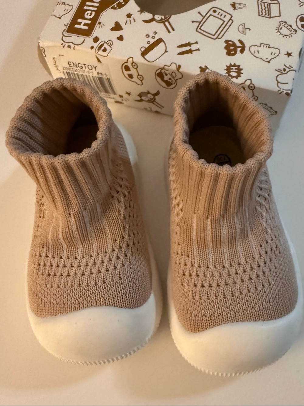 Neutral Beige Knit Sock Sneakers for Babies - Slip-On Walker Shoes - New in Box